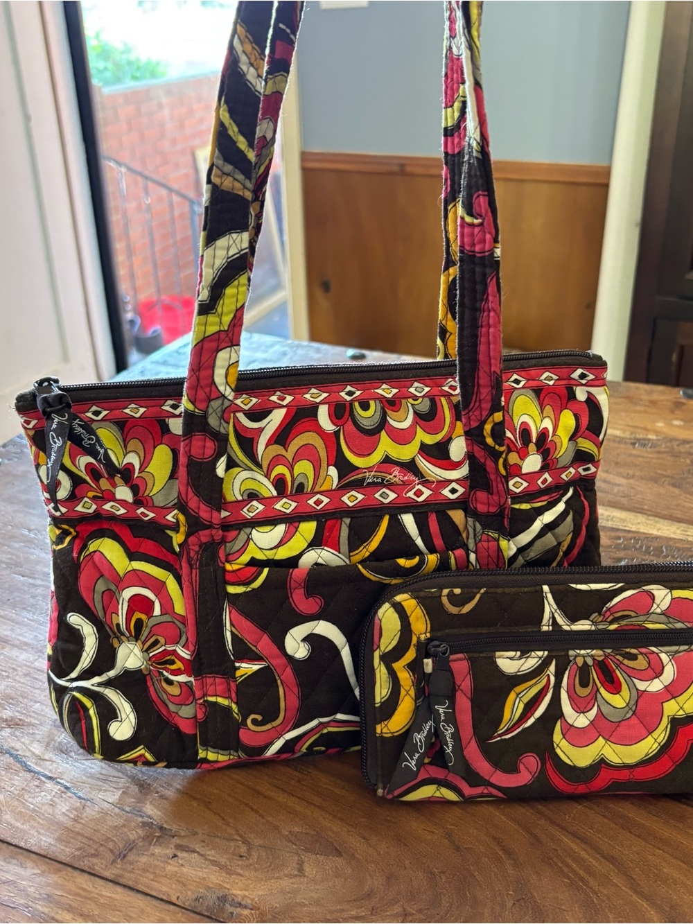 Vera Bradley Puccini Quilted Tote Set in Brown, Red & Yellow Floral